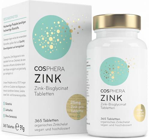 Zink Tabletten - Hochdosiert mit Markenrohstoff - 25 mg Zinc Bisglycinat pro Tablette - 365 vegane Tabletten im 1-Jahresvorrat - Gut verwertbares Zinkchelat für Haare, Haut und Nägel von Cosphera