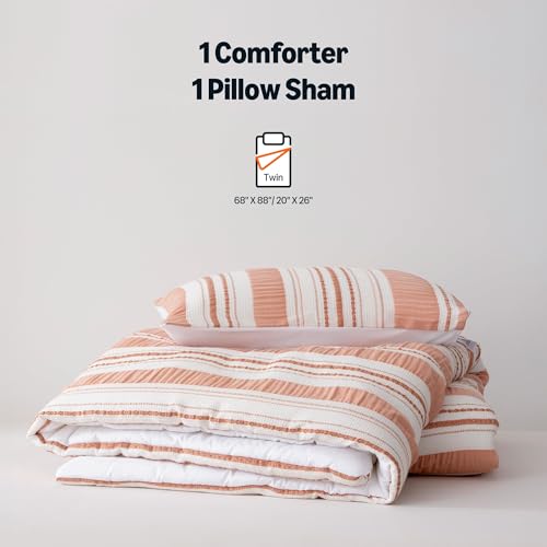 Image of Amazon Basics Comforter Set, 2-Piece Jacquard Comforter and Pillow Sham, All-Season Bedding, Twin, Pink Striped