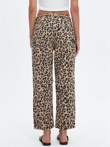 Distressed Baggy Jeans for Woman Leopard Mid Waist Wide Leg Denim Cargo Pants with Pockets Drawstring2