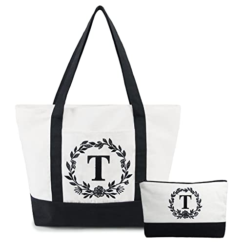 Image of BeeGreen Initial Canvas Tote Bag w Top Zipper Closure & Pockets 12oz Personalized Embroidery Monogrammed Gift Bag for Women