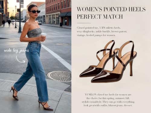 Image of Closed Toe Slingback Heels Wedding High Stiletto Heel for Women 3.3 Inch Ankle Strap Pointed Toe Pumps Prom Dress Bride Shoes for Dinner Party Sexy
