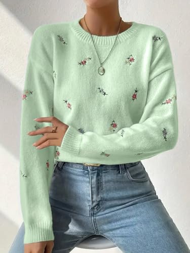 Women Ditsy Floral Embroidered Sweater Crewneck Long Sleeve Pullover Knitwear Loose Knit Jumper Tops2
