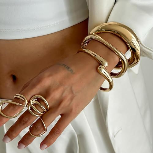 2Pcs Gold Chunky Bangles Bracelets for Women 14K Gold Plated Chunky Bracelet Set Stack Gold Bangle Bracelet Statement Wrist Jewelry Gold Cuff Accessories Girls Trendy Bracelets3