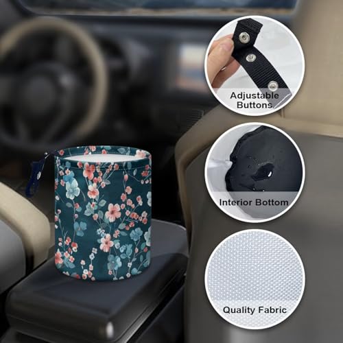 Image of Blue Pink Floral Car Trash Bin Vehicle Trash Can - Portable Reusable Waterproof Multipurpose Car Organizer Road Trip Essentials