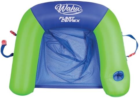 WAHU Float Connex Aqua Pool Seat with Connex Clips, Cupholder, and Inflate Valve | Inflatable Pool Float Chair for Adults and Kids Ages 8+, Green/Blue - 1