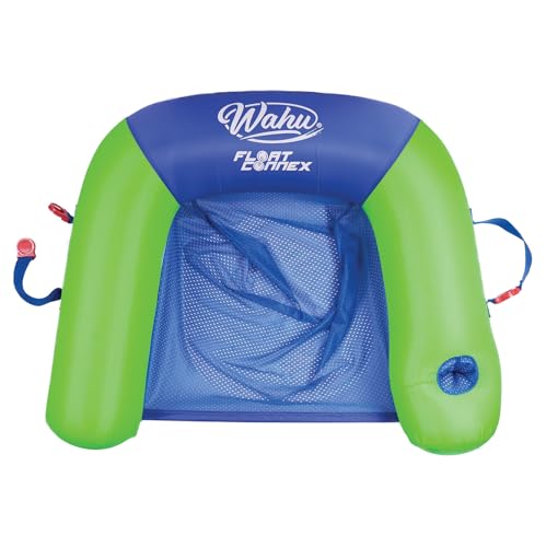 WAHU Float Connex Aqua Pool Seat with Connex Clips, Cupholder, and Inflate Valve | Inflatable Pool Float Chair for Adults and Kids Ages 8+, Green/Blue