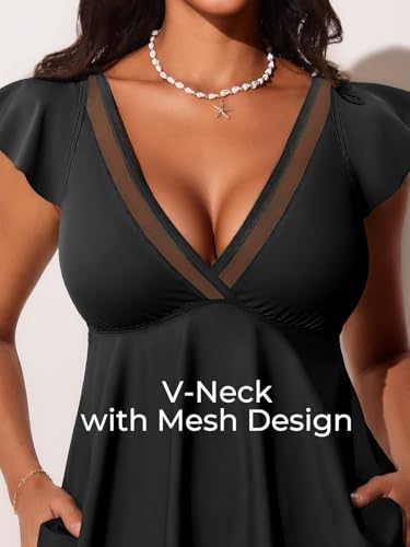 Summer Mae Women's V-Neck Tankini Swimsuits 2025 with Ruffle Sleeves Tummy Control Boyshorts Bathing Suits with Pockets4