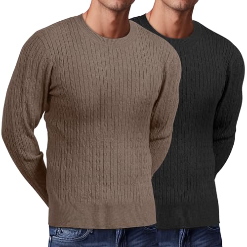 Riyiper 2 Pack Men's Cable Knit Sweaters, Crewneck Long Sleeve Pullover Ribbed Casual Sweater Classic Fit Soft Pullover