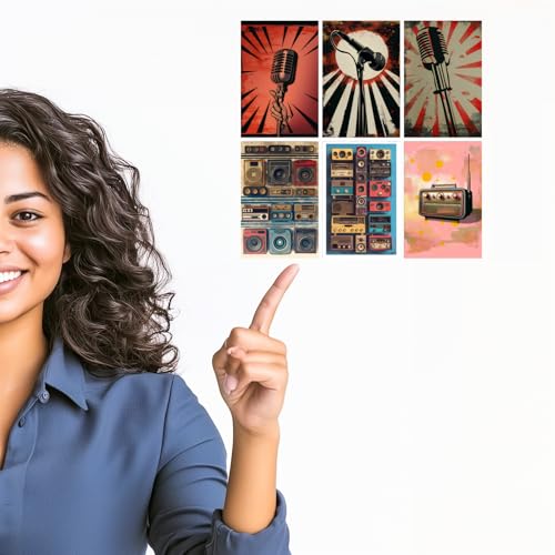 Image of SiddArtify Retro Music Art Print Set - Vintage Microphones and Radios - Set of 2-4x6 Inch - Board (Pack of 6) - Sticker (Pack of 6) Wall Room Decoration art Poster Prints