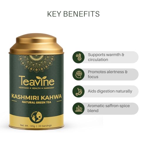 Image of TEAVINE Kashmiri Kahwa Green Tea 60g | Traditional Saffron, Almond & Cardamom Wellness Tea | Supports Digestion & Detox | 100% Natural Ingredients | Free SS Infuser