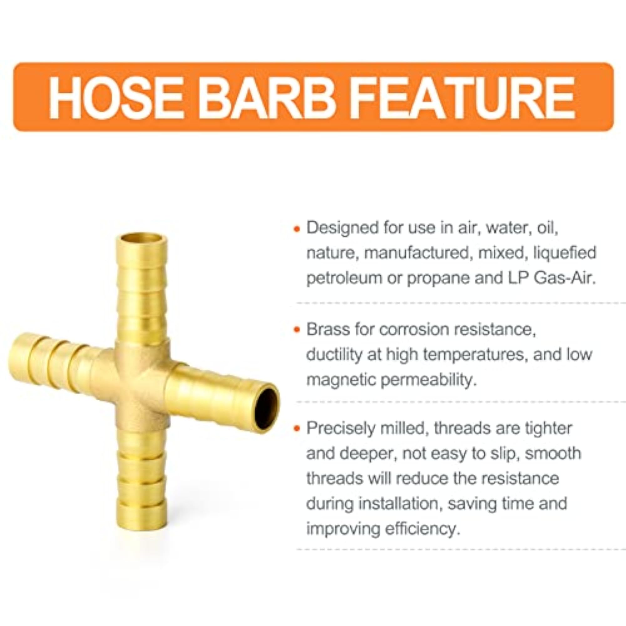 2PCS 1/4" Brass Hose Barb, 4-Way Hose Fitting with Clamps