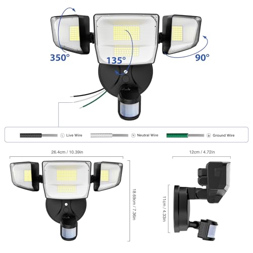 Onforu 90W 10000LM LED Motion Sensor Outdoor Lights, 4-Head Dusk to Dawn Outdoor Lighting, Hardwired Flood Lights, IP66 Waterproof 6500K Security Floodlight for Outside (Black) - Thumbnail 7