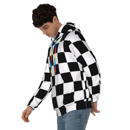 Mens Hoodie Pullover Casual Long Sleeve Drawstring Top Black And White Plaid Print Hooded Sweatshirt With Pocket3