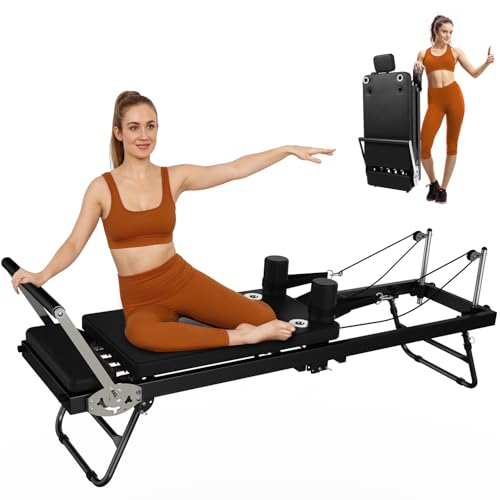 DQI Pilates Reformer,Foldable Reformer Pilates Machine,Pilates Reformer for Home Use,Adjustable Resistance Reformer Pilates Machine with Wheels, Compact Pilates Equipment for Full Body Training Black