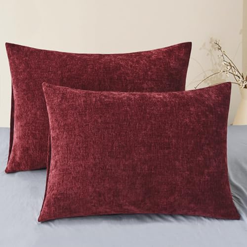 Image of CaliTime Pack of 2 Cozy Standard Pillow Shams Cases for Bed Bedding Decoration Solid Dyed Soft Chenille 20 X 26 Inches Burgundy