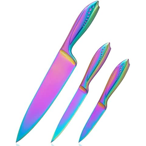 Hollory Rainbow Kitchen Knife Set 3 Piece, Razor Sharp German Stainless Steel Blade with 8 in Chef, 5 in Utility, 3.5 in Paring – Starter Set with Gift Box Cover