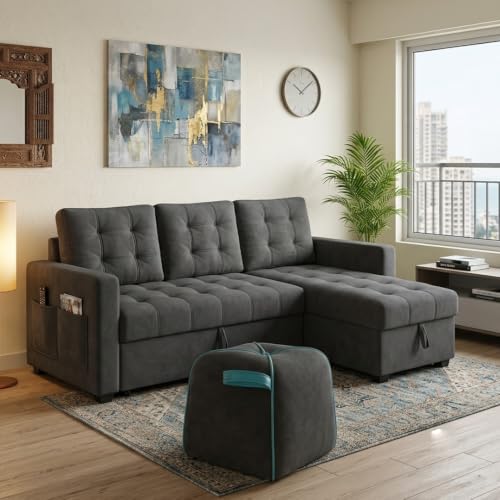 Image of CASASTYLE Sumur 5 Seater RHS L Shape Sofa with Pull Out Bed, Storage Lounger & Suri Pouf Ottoman | Soft Velvet Suede Fabric | Comfort Cushions | Ideal for Living Room, Hotel & Office (Dark Grey)