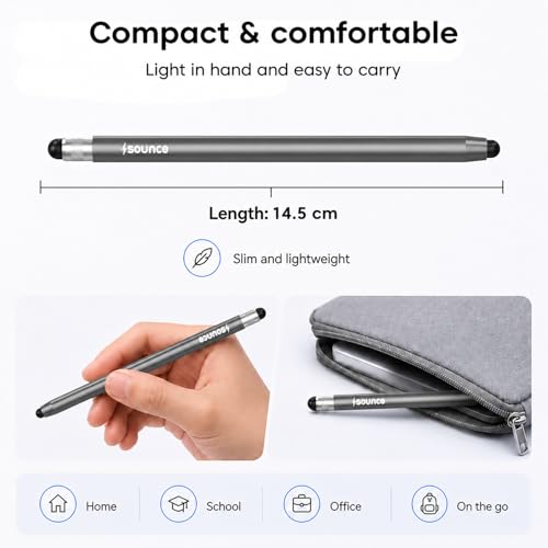 Image of Sounce 2-in-1 Stylus Pen for All Touch Screen Devices - Fine Point Tip, High Sensitivity Capacitive Pen | Compatible with iOS, Android, Windows Tablets, iPad & Smartphones - Aluminum, (Grey)