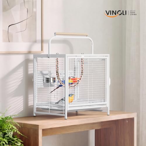 Image of VINGLI Small Bird Cage, 19 inch Travel Carrier Bird Cage with Handle, Wrought Iron Parakeet Cage with Wooden Perch for Parrot Lovebirds Finches Small /Medium Birds (White)