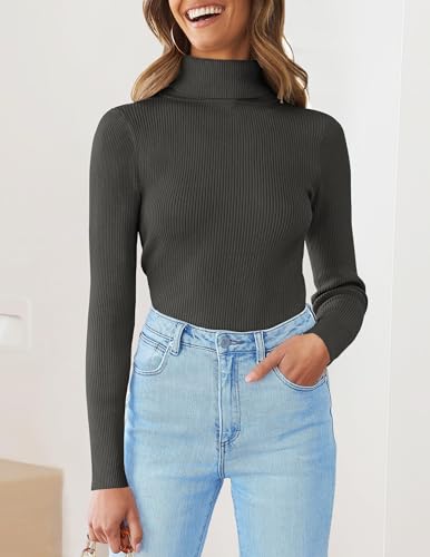 Image of ZESICA Women's Turtleneck Long Sleeve Shirts 2026 Spring Trendy Tops Slim Fitted Ribbed Knit Basic Casual Sweater