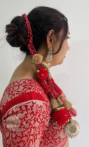 Image of Zippy Flora Handmade Sajni Boho Cotton Parandi |Traditional Hair Accessory with Tassles & Ghoonghru | Hair Extension | Choti for Women | Sajni Parandi (Red) | 22 Inches Length