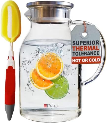 Pykal Glass Water Pitcher with Lid - 68 Oz - Heat Resistant Iced Tea or Coffee Jug with Handle and Lid - Borosilicate Pitchers for Hot or Cold Liquids - w/Free Brush