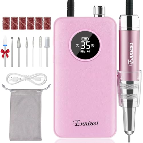 Enniewi Torno para unhas de gel 35000 rpm, broca elétrica recarregável com ecrã LED, portátil, baixo ruído, kit profissional para manicure e medicina para casa e sala de estar, 48 W, rosa