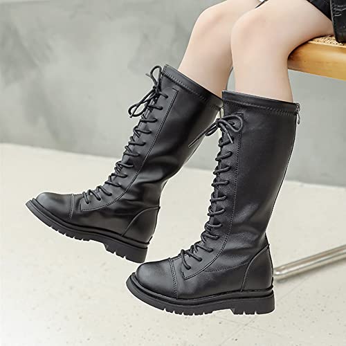 Girl's Fashion Boots Kids Girls Waterproof Lace-Up Side Zipper Fur Lined Knee High Leather Winter Boots Mid Calf Combat Riding Boots Dress Princess Shoes2
