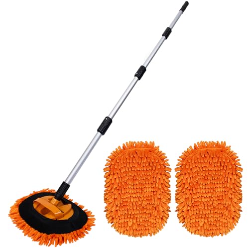 Suds Lab EM Extendable Wash Mitt with 170 Telescopic Handle 58 Car Wash Mop with 2 Scratch-Free Chenille Microfiber Car Washing Mitts for SUVs RVs and Trucks