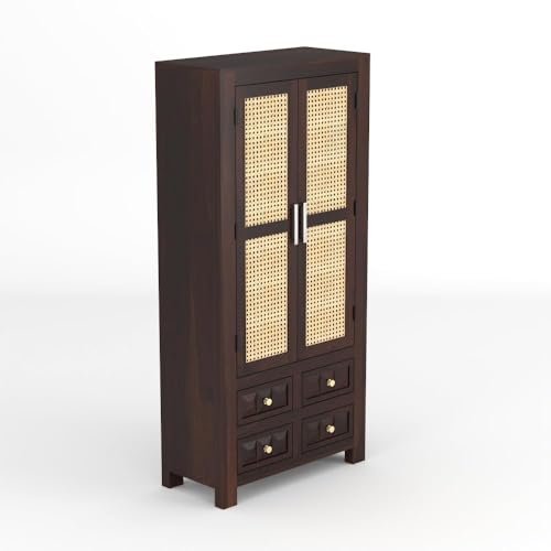 Image of PS DECOR Solid Sheesham Wood Bookshelf Cabinet with Cane Rattan Doors & 4 Drawers | Wooden Book Storage Unit for Home Library, Living Room & Office | Double Door Bookcase Organizer (Walnut Finish)