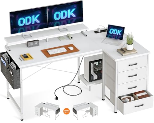 ODK Eckschreibtisch mit 4 Stoff Schubladen, 140x80cm Schreibtisch L Form Reversibler mit USB-Ladeanschluss&Steckdose, Eckschreibtisch mit Stauraum mit Monitorständer Gaming Tisch...