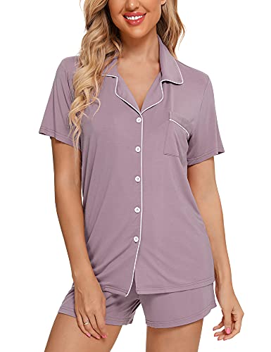 Image of Anjue Womens Pajamas Set Short Sleeve Sleepwear Button Down Nightwear Shorts Soft Pj Sets S-XXL