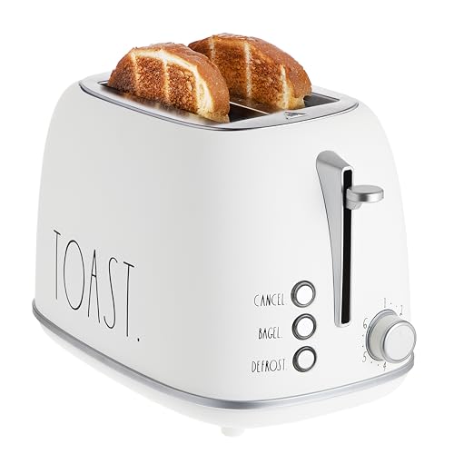 Rae Dunn Retro Rounded Bread Toaster, 2 Slice Stainless Steel Toaster with Removable Crumb Tray, Wide Slot with 6 Browning Levels, Bagel, Defrost and Cancel Options, White