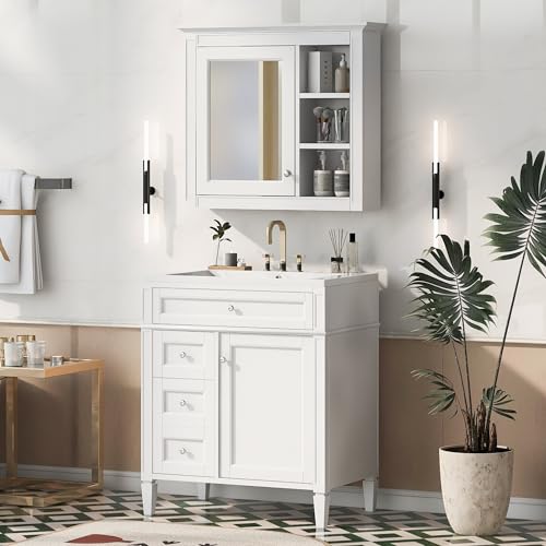 Image of Merax 30 Inch Bathroom Vanity with Sink, Modern Bathroom Vanity Storage Cabinet with Matching Mirror Medicine Cabinet, Solid Wood Frame,Painted Finish, 2 Drawers and 1 Tip-Out Drawer, White
