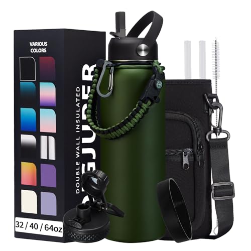 40OZ Water Bottle Stainless Steel - Cold-48H & Hot-24H Vacuum Insulated Water Bottle with Straw & Chug Lid, Strap Carrying Pouch, Paracord Handle & Flask Boot, Thermo Hydro Bottle for Hiking Cycling
