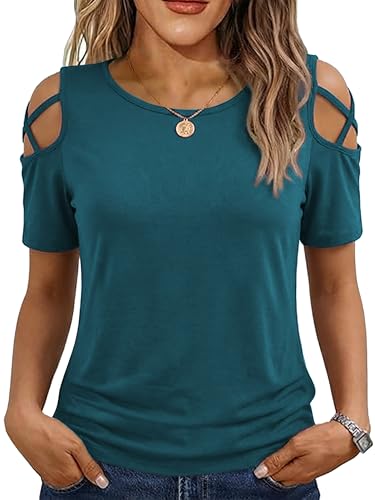 Image of Jar of Love Women's Summer Tops Short Sleeve Cold Shoulder Tops T-Shirts for Women Spring Summer Tops Loose Fit Tunic 2026