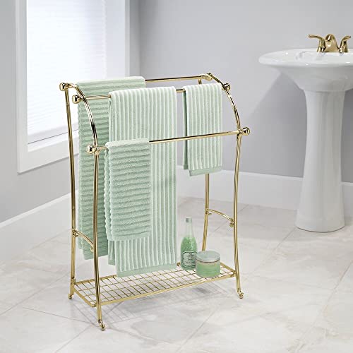 Mdesign Large Standing Metal Bathroom Towel Holder Stand With Shelf - 3-Tier Towel Rack Stand For Hanging Bath, Hand, And Fingertip Towels - Towel Stand For Bathroom - Hyde Collection - Soft Brass #TOP1