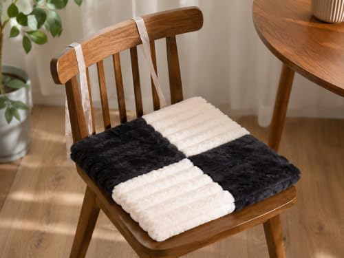 Image of Amazon Brand - Umi Black & White Checkerboard Faux Fur Chair Seat Cushions, 16x16 Inch Fluffy Dining Chair Pads with Ties, Foam-Filled Kitchen & Bar Stool Cushions, Set of 2