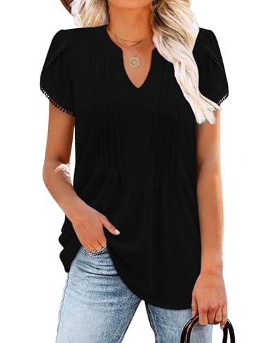 KISSMODA Blusa tipo túnica de verano para mujer, de manga corta, a la moda, informal, plisada, A negro, 48