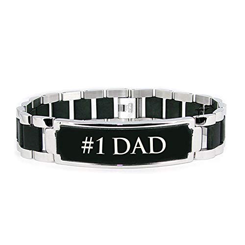 Tioneer Stainless Steel Number 1 Dad Engraved Rubber Id Bracelet #TOP8