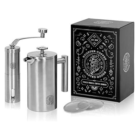Rooster Coffee Set doppelwandig isolierte Edelstahl French Press 0,6 Liter und manuelle Kaffeemühle mit konischem Keramik-Mahlwerk und stufenloser Mahlgradeinstellung + zwei Filter Cover