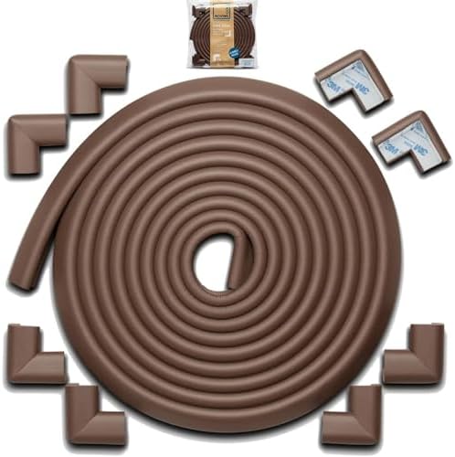 Roving Cove® 20.4 ft [18ft Edge + 8 Corners] 'Safe Edge® and Corner Cushion' - Jumbo Pack - COFFEE; Premium Childproofing Edge Corner Guard - PRE-TAPED CORNERS; Child Safety Home Safety Furniture Bumper and Table Edge Corner