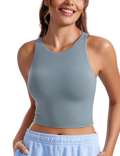 CRZ YOGA Womens Butterluxe Double Lined Cropped Tops High Neck Racerback Tanks Sleeveless Casual Workout Crop Shirts Belgian Blue Small