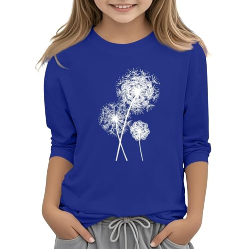 Kids Girls 3/4 Sleeve Tops Crew Neck Summer Tops Solid Color Patterned Shirts Soft Three Quarter Sleeve