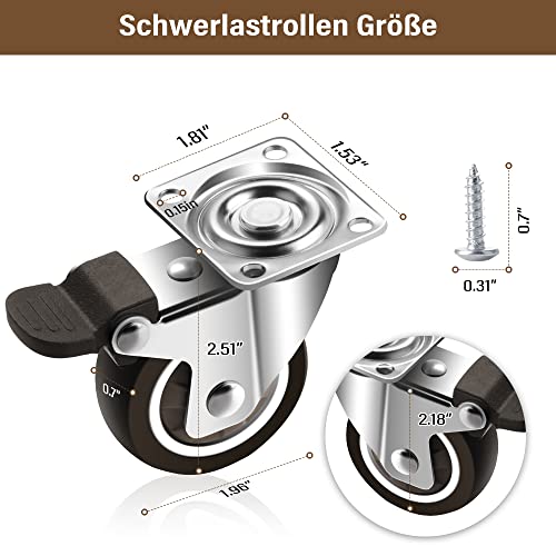 Transportrollen mit Bremse bis 100 kg, Schwerlastrollen für Möbel mit Bremsen, 360° Schwerlast Lenkrollen für Strandkorbrollen, Lenkrollen klein, 4 STÜCK, (16 Schrauben)