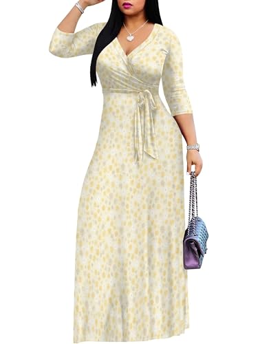 Image of Women's V Neck Floral Maxi Dress 3 /4 Sleeve Plus Size Boho Wrap Flowy Long Dresses with Belt