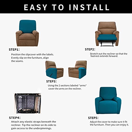 Image of Easy-Going 4 Pieces Waterproof Recliner Chair Slipcover Washable | Stretch Soft Couch Cover for Dogs, Sofa Slipcover for Recliner Couch Furniture Protector for Kids, Pets Peacock Blue