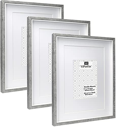 5 x 7'' Cement Grey & White TwoTone Photo Frame Set of 3, Wooden Boxed 7 x 5''Inlay Frame with Real Glass Front for Tabletop or Wallmounted