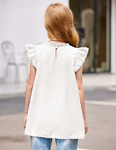 Flypigs Girls Short Cap Sleeve Shirts Keyhole Back Tops Pleated Crewneck Chiffon Swiss Dot Blouse Dressy Tunic White 11-12 Years #TOP3