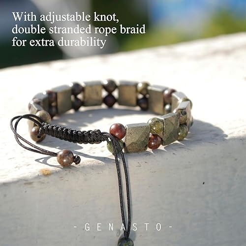 Protection Crystals Stone Bracelets for Men Mens Beaded Healing Crystals Pyrite Bloodstone Genuine Crystal Bracelet, Premium Men Beads Bracelet Gift for Him Stress Relief Balance4